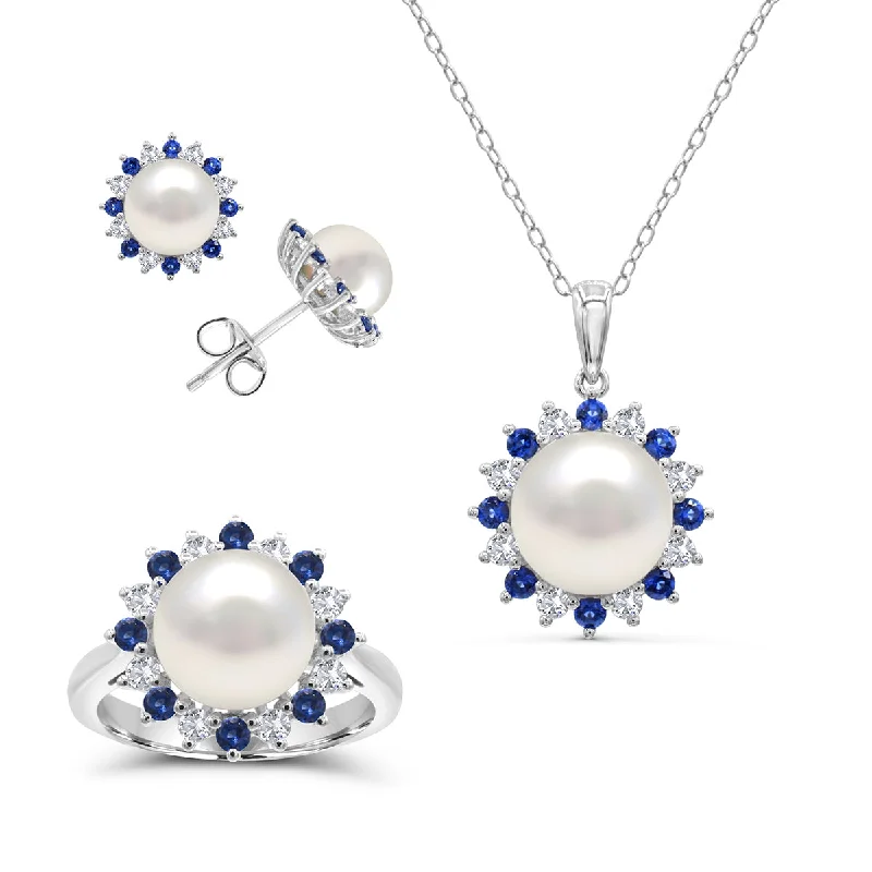 Round Pearl and Sapphire Box Set 18-inch Pendant in Sterling Silver