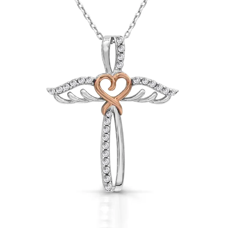 Round White Sapphire Gem Stone Cross Heart Eternal Romance 18-inch Pendant in Sterling Silver