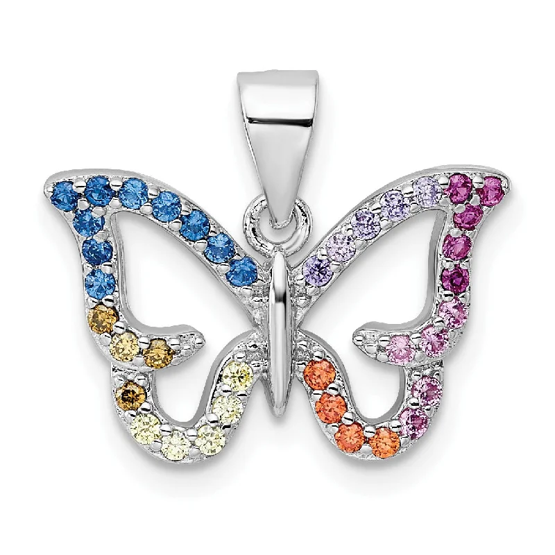 Sterling Silver Cubic Zirconia 17X19MM Multicolor Butterfly Pendant. Chain Not Included