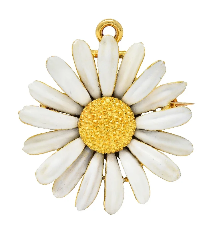 Tiffany & Co. Victorian Antique Enamel 18 Karat Yellow Gold Daisy Flower Pendant Brooch