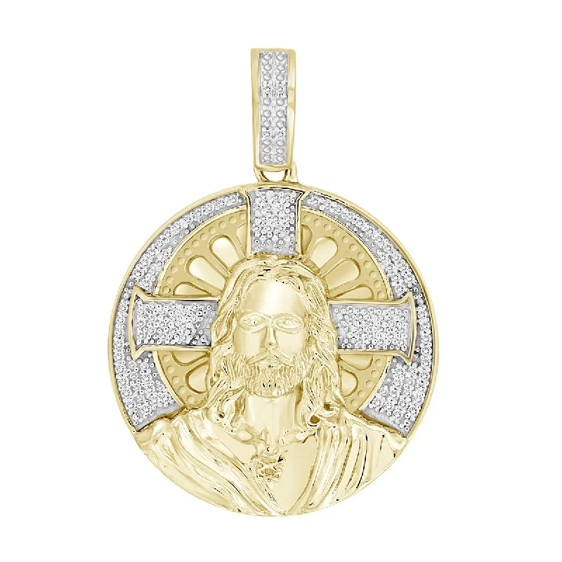 Titán by Adrian Gonzalez 10KT Yellow Gold 1/5 CTW Diamond 34X24MM Jesus Medallion Pendant. Chain Not Included