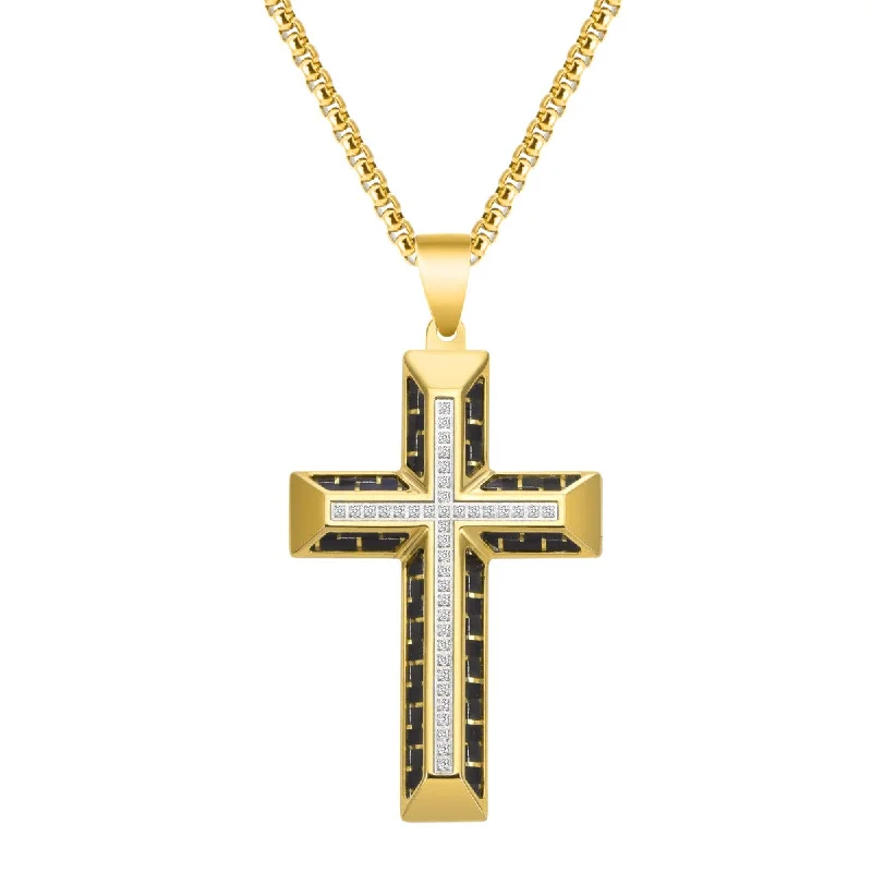 Titán by Adrian Gonzalez Yellow Stainless Steel 1/5 CTW Diamond 32X48MM 24-inch Carbon Fiber Cross Pendant