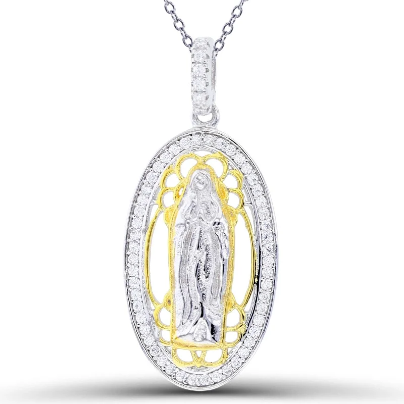 Two-Tone Sterling Silver Cubic Zirconia 31X14MM 18-inch Religious Guadalupe Pendant