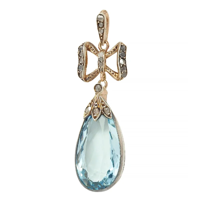 Victorian 7.50 CTW Aquamarine Diamond 14 Karat Gold Silver Antique Bow Pendant