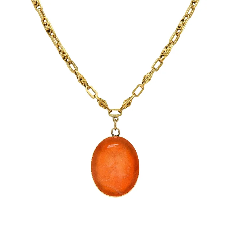 Victorian Carved Carnelian 14 Karat Gold Fancy Link Chain Cameo Pendant Necklace