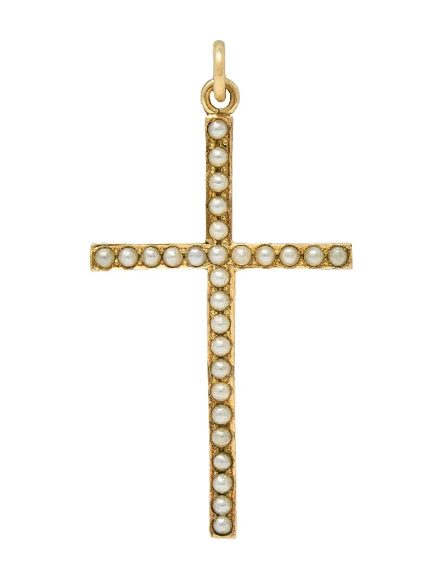 Victorian Pearl 14 Karat Yellow Gold Antique Cross Pendant