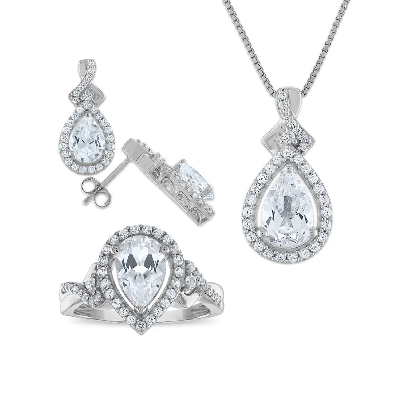 White Sapphire Halo Ring Pendant Earring Set in Sterling Silver