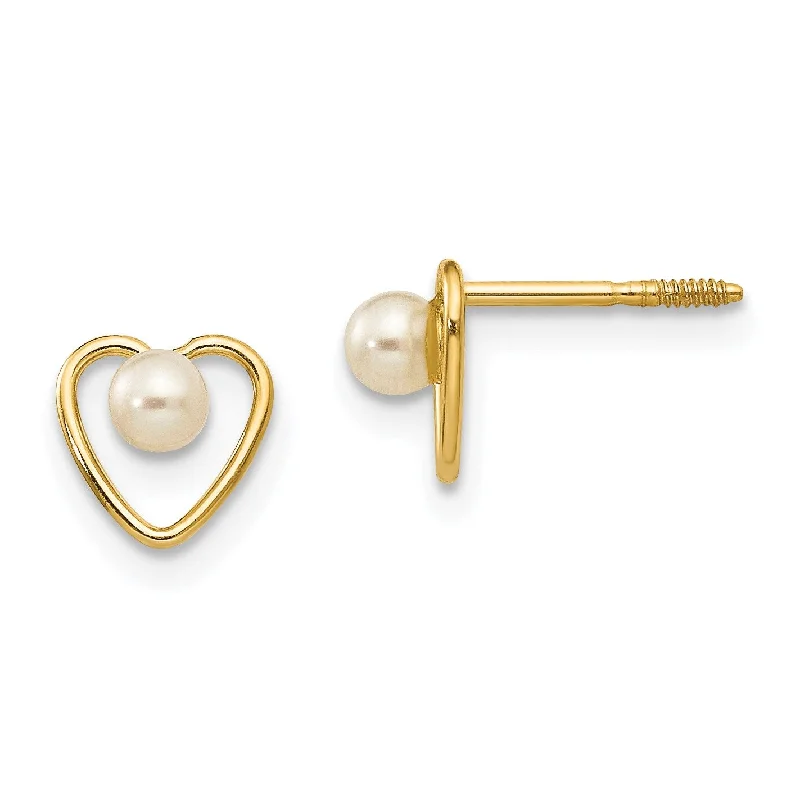 Luxury Handcrafted Jewelry For Elegant Looks 14KT Yellow Gold 3MM Round Pearl 6MM Heart Childrens Birthstone Stud Earrings