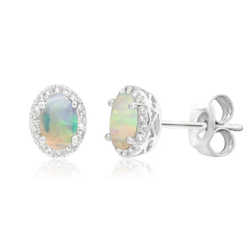 Elegant Designs, Unbeatable Discounts – Shop Jewelry Now 9ct 0.25ct Natural White Gold Opal and Diamond 6x4mm Stud Earrings