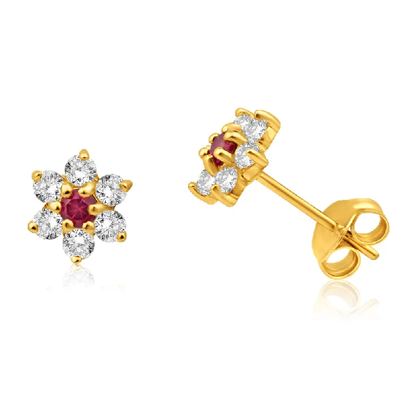 Fine Jewelry, Limited-Time Offers Available 9ct Alluring Yellow Gold Created Ruby + Cubic Zirconia Stud Earrings