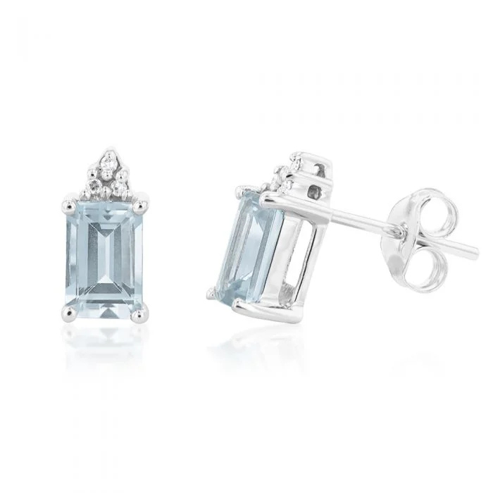 Elegant Jewelry Styles At Budget-Friendly Prices 9ct White Gold Aquamarine Emerald Cut and Diamond Stud Earrings