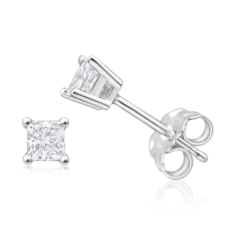 Jewelry Clearance – Final Chance To Save Big 9ct White Gold Diamond Stud Earrings Set with 2 Beautiful Princess Cut Diamonds