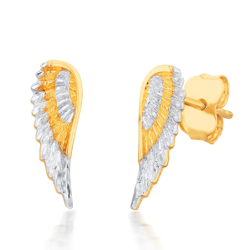 Premium Jewelry Now Available At Special Discounts 9ct Yellow And White Gold Angel Wings Diamond Cut Stud Earrings