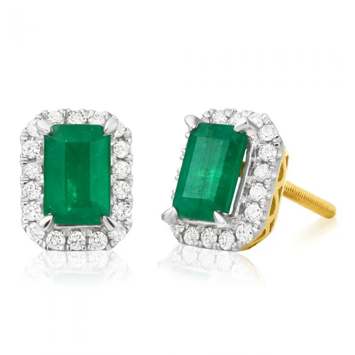 Last Chance To Shop High-End Jewelry At Markdown Prices 9ct Yellow Gold 1.20 Carat 6x4mm Natural Emerald and 1/5 Carat Diamond Stud Earrings