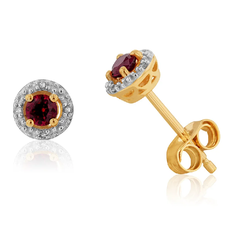 Big Discounts On Elegant Jewelry Collections 9ct Yellow Gold 3mm Created Ruby and Diamond Halo Stud Earrings