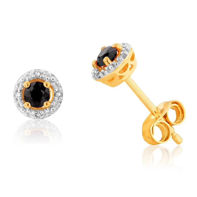 Exclusive Jewelry Sale – Shine For Less 9ct Yellow Gold 3mm Natural Sapphire and Diamond Halo Stud Earrings