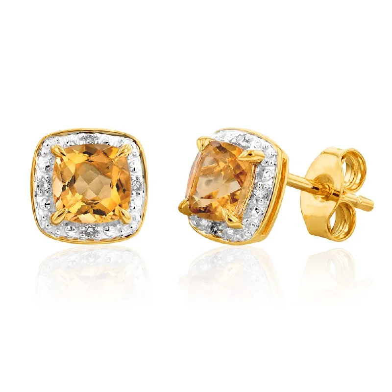 The Perfect Jewelry Piece At The Perfect Price 9ct Yellow Gold 5mm 0.50ct Citrine and Diamond Cushion Cut Stud Earrings