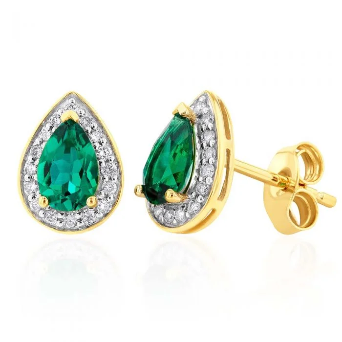 Exclusive Jewelry Sale Event – Shop Now 9ct Yellow Gold 6x4mm Created Emerald and Diamond Pear Halo Stud Earrings