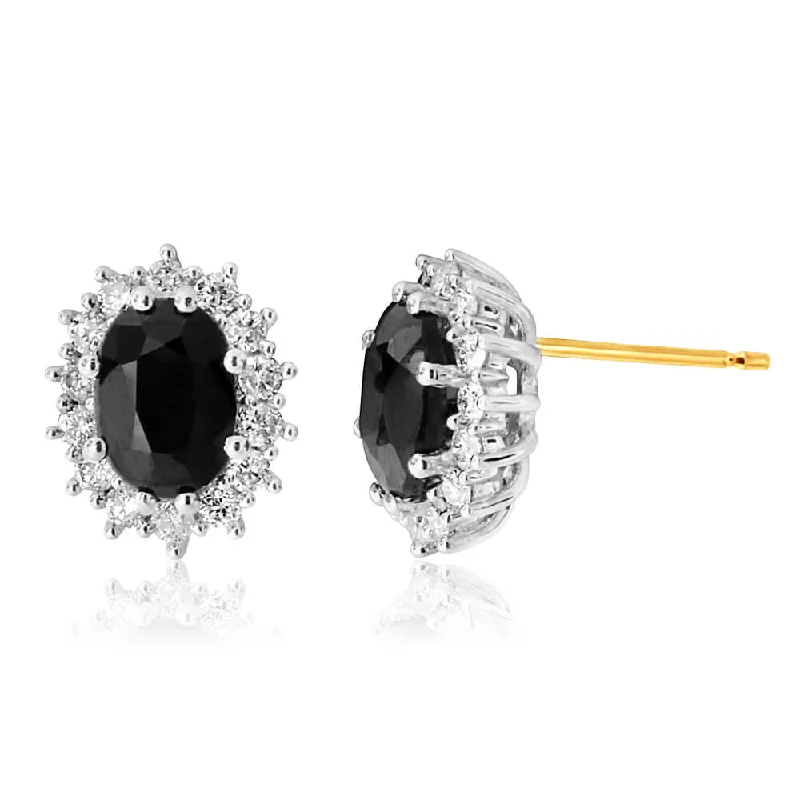 Exclusive Jewelry Offers – Shine For Less 9ct Yellow Gold 7x5mm Oval Cut Natural Sapphire and 0.42 Carat Diamond Stud Earrings