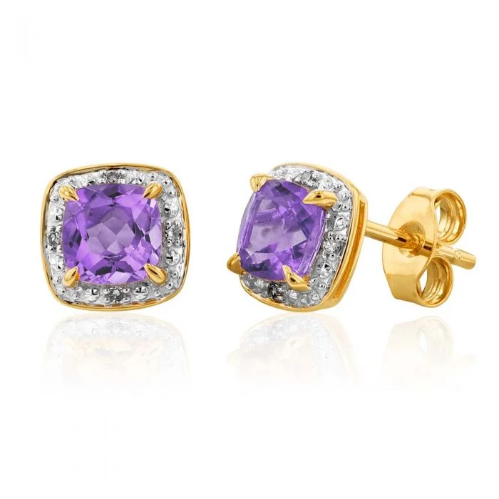 Make Your Outfit Shine With Discounted Jewelry 9ct Yellow Gold Amethyst and Diamond Stud Earrings