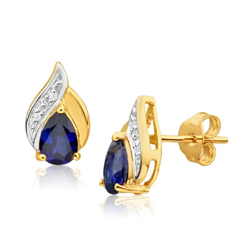 Handmade Pearl Jewelry For Timeless Elegance 9ct Yellow Gold Created Blue Sapphire + Diamond Stud Earrings