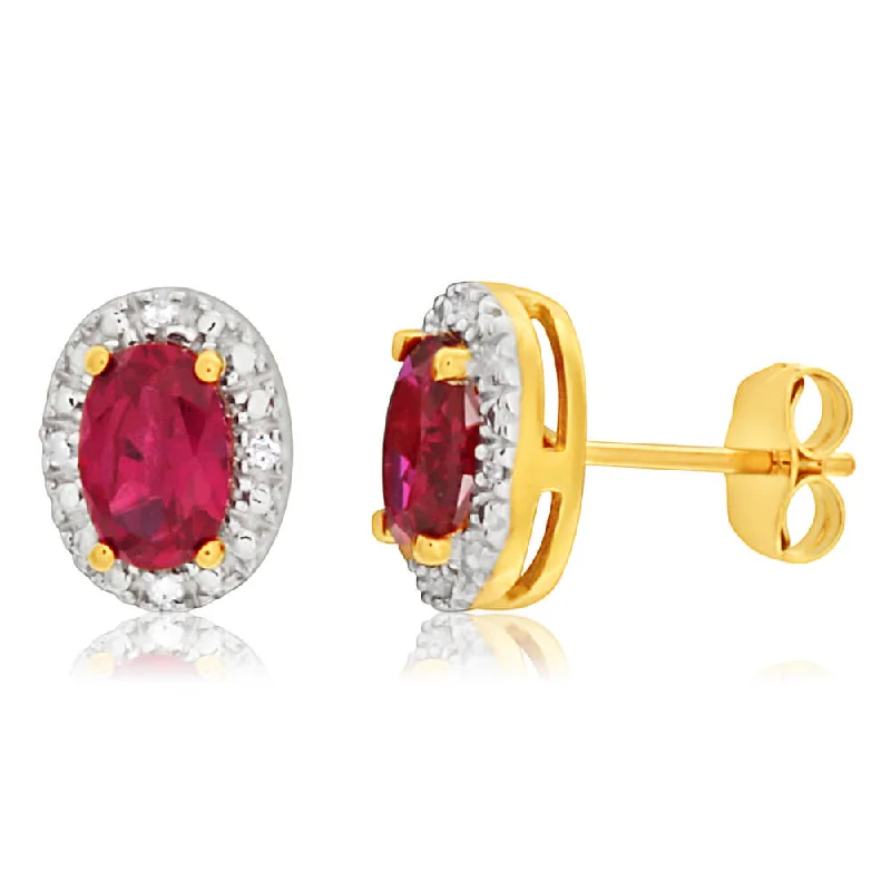 Premium Diamond Jewelry For Unforgettable Moments 9ct Yellow Gold Created Ruby + Diamond Stud Earrings