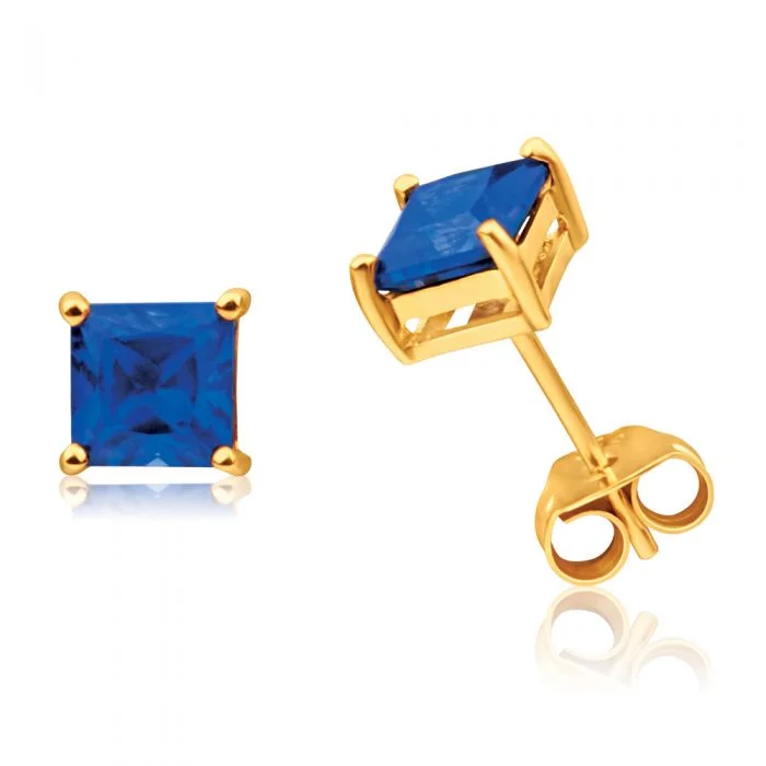 Exclusive Gemstone Jewelry Markdowns – Shop Now 9ct Yellow Gold Created Sapphire 5mm Princess Cut Stud Earrings