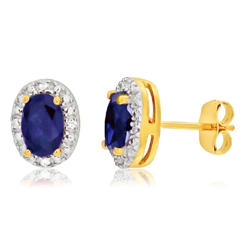 Stunning Statement Jewelry, Unbeatable Discounts 9ct Yellow Gold Created Sapphire 6x4mm + Diamond Stud Earrings