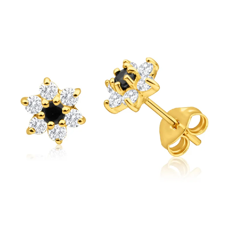 Jewelry Sale Alert – Shop Timeless Elegance Today 9ct Yellow Gold Cubic Zirconia + Natural Sapphire Flower Stud Earrings