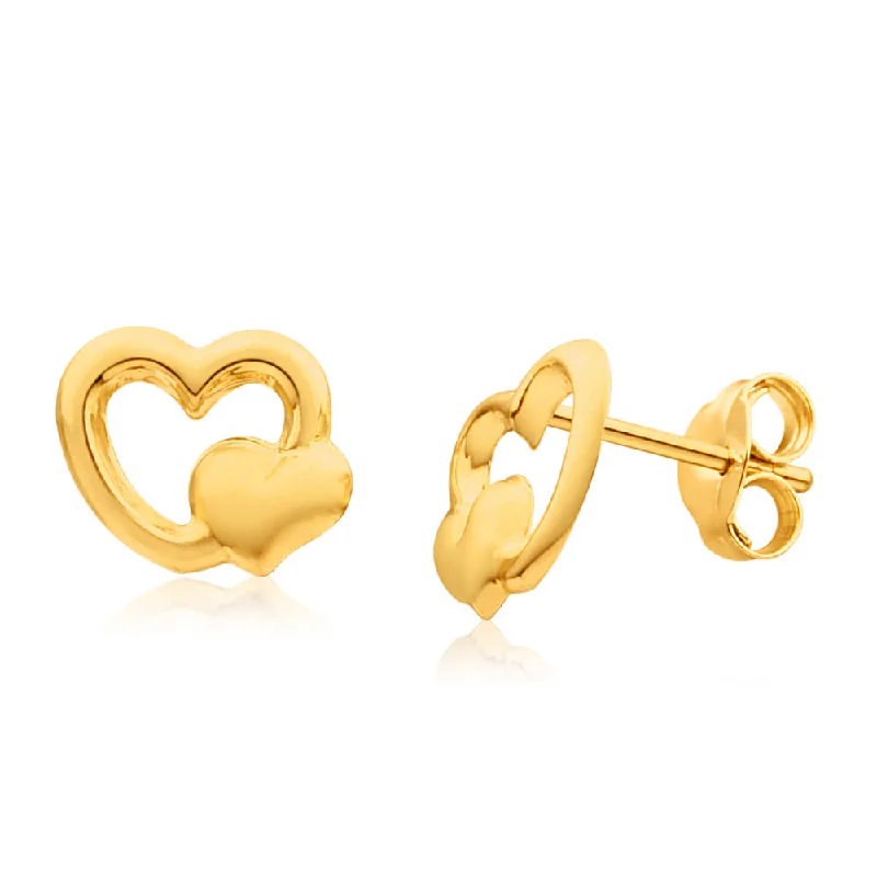 Dainty And Elegant Jewelry Now At Reduced Prices 9ct Yellow Gold Double Heart Stud Earrings