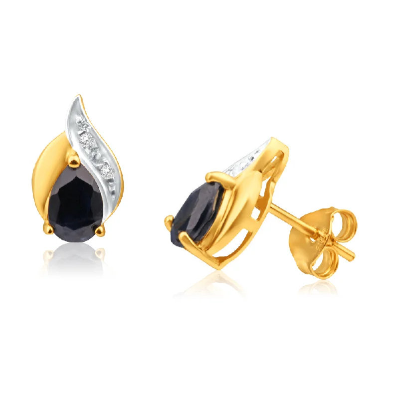 Dazzle In Elegance With Our Biggest Jewelry Sale 9ct Yellow Gold Natural Sapphire and Diamond Flame Stud Earrings