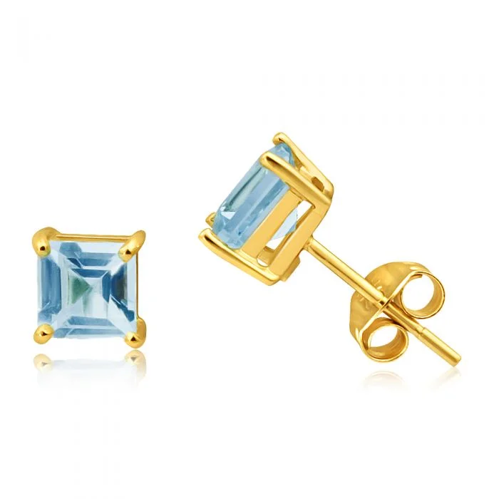 Customized Silver Jewelry For Unique Style 9ct Yellow Gold Princess Cut 5mm Blue Topaz Stud Earrings