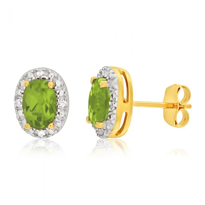 Shop Handcrafted Jewelry At Special Promotional Rates 9ct Yellow Gold & White Gold Diamond + Peridot Stud Earrings