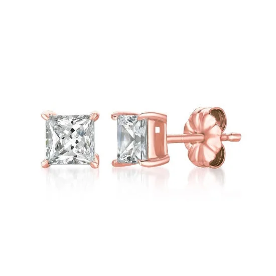 Limited Stock On Premium Jewelry At Low Prices Crislu 18KT Rose Gold Plated Sterling Silver Princess Cut Cubic Zirconia Stud Earrings