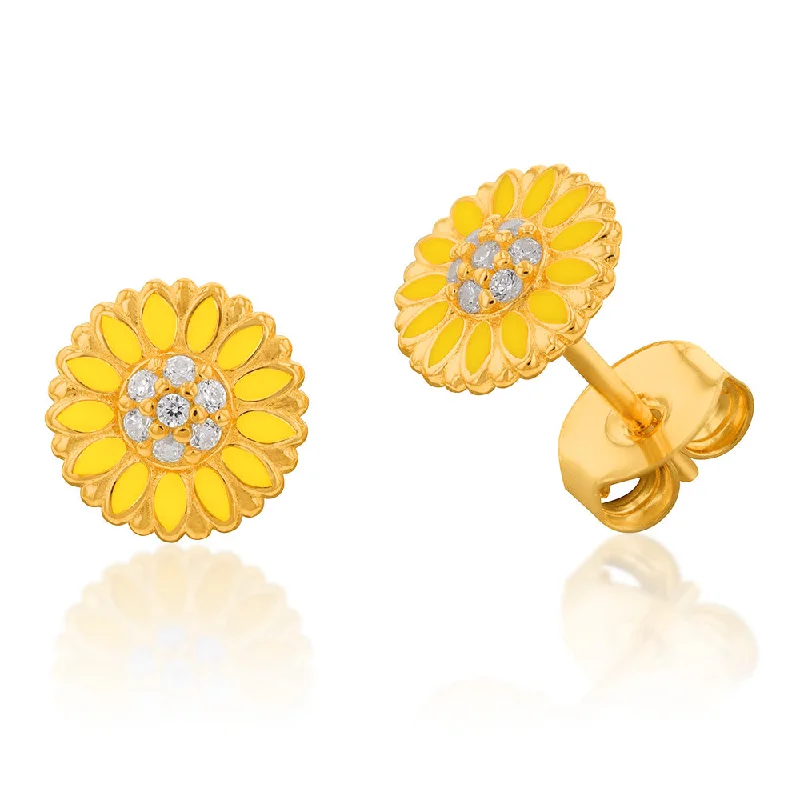 Grab Your Favorite Jewelry At The Lowest Prices Gold Plated Sterling Silver Cubic Zirconia And Enamel Sunflower Stud Earrings