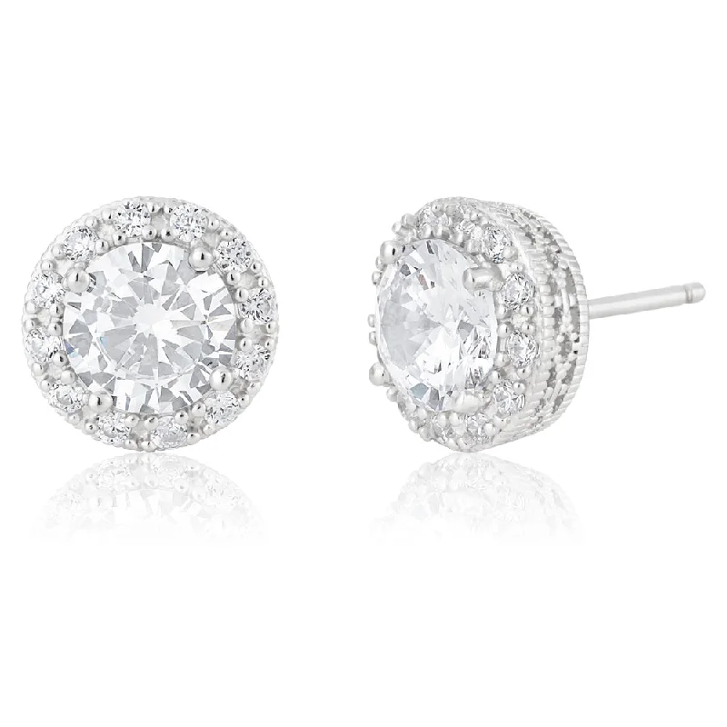 Exclusive Jewelry Sale Event – Shop Now Sterling Silver Platium Plated Cubic Zirconia Brilliant Cut 7mm Halo Stud Earrings