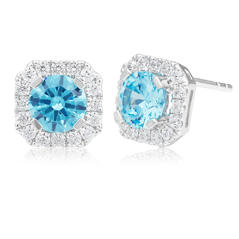 Get Ready To Sparkle – Special Jewelry Discounts Sterling Silver Rhodium Plated Light Blue Zirconia Round Cut Halo Stud Earrings