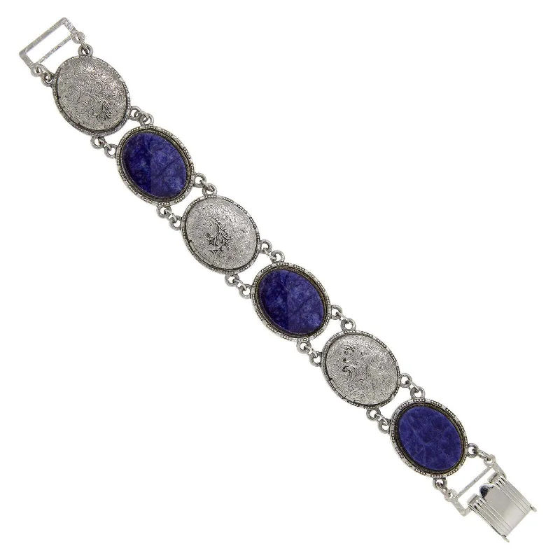 1928 Jewelry Oval Blue Sodalite Gemstone & Lockets Link Bracelet