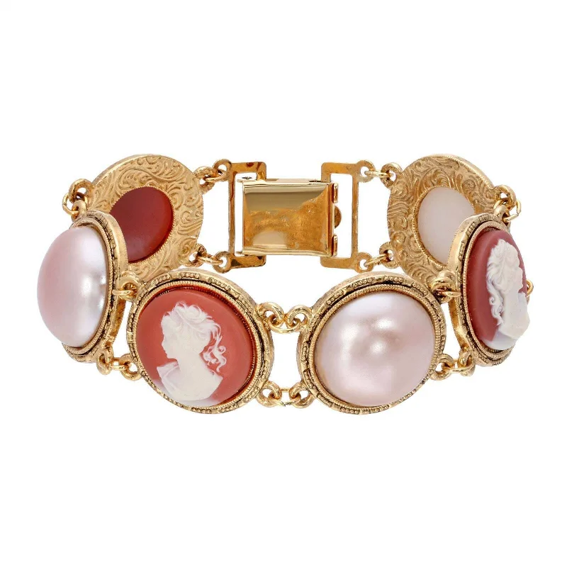 1928 Jewelry Rosabella Raspberry Peach Faux Pearl Round Carnelian Ivory Cameo Clasp Bracelet