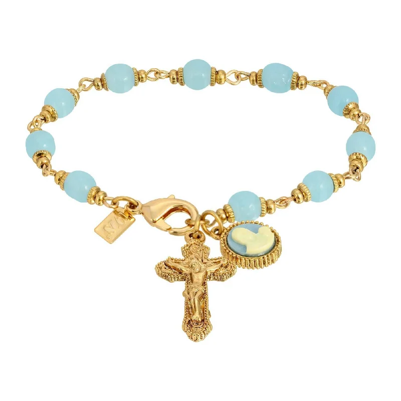 Symbols Of Faith Aqua Glass Chalcedony Baroque Crucifix & Mother And Child Cameo Link Bracelet