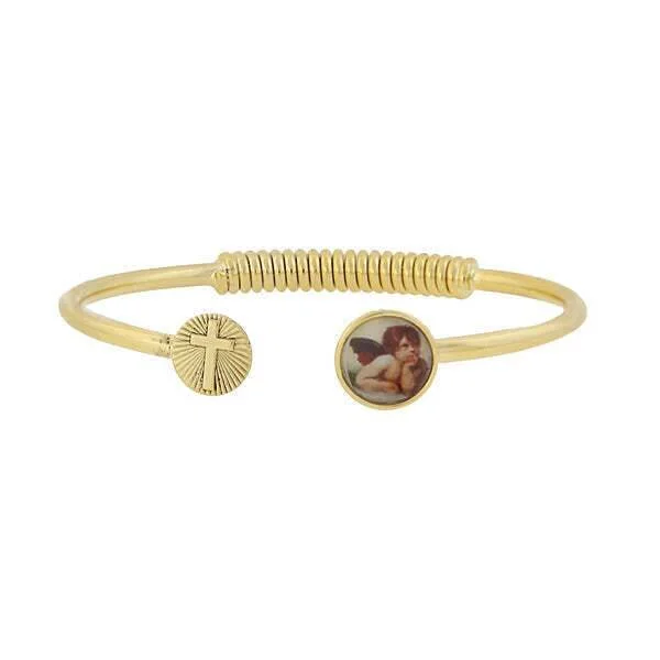 Symbols Of Faith Sping Hinge Bracelet With Cross And Cherub Decal Accent