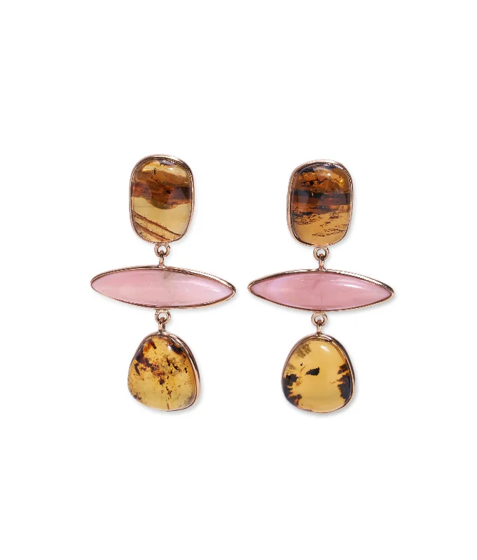 14k Gold Amber & Pink Opal Earrings