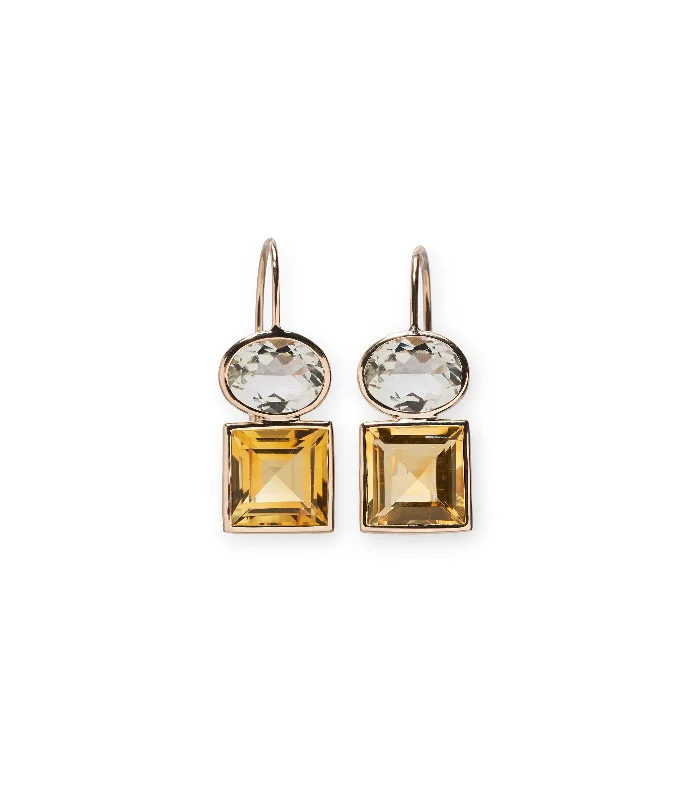 14k Gold Duo Earrings in Green Amethyst and Citrine