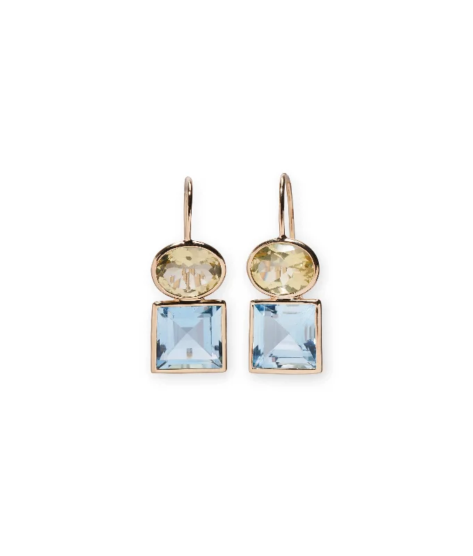 14k Gold Duo Earrings in Lemon Quartz and Sky Blue Topaz