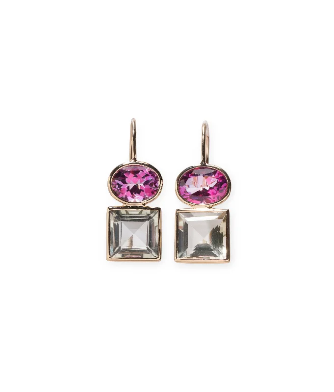 14k Gold Duo Earrings in Pink Topaz and Green Amethyst