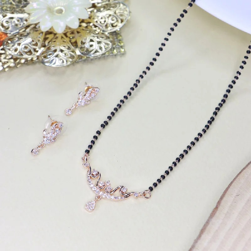 Luxury Jewelry Now At Special Promotional Rates Etnico 18k Rose Gold Plated Traditional Single Line American Diamond Pendant with Black Bead Chain Mangalsutra for Women (D101)