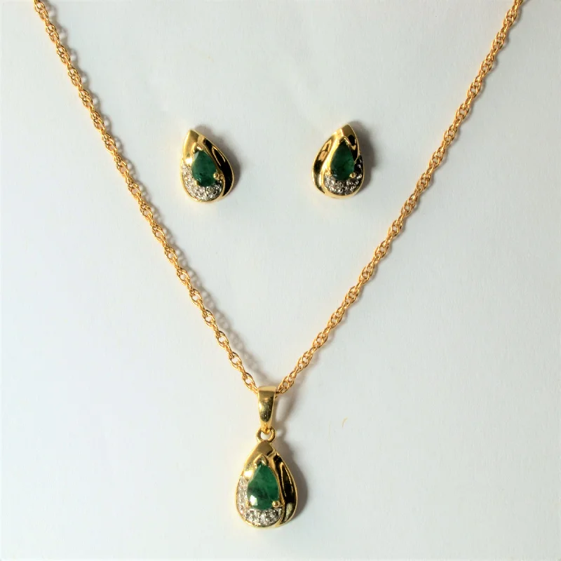 Luxury Jewelry Sale – Sparkle For Less Pear Shape Emerald & Diamond Pendant Necklace & Earrings Set | 0.60ctw | 0.05ctw | 18"|