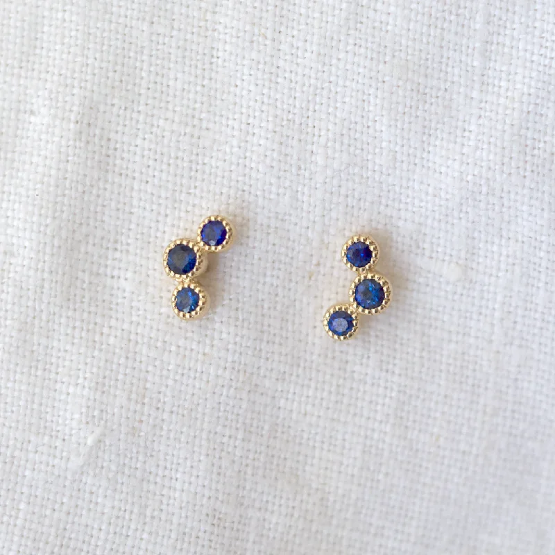 Sapphire 3 Stone Millgrain Cluster Studs