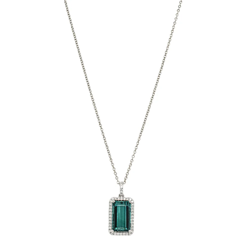 18ct White Gold 3.40ct Teal Tourmaline & Diamond Pendant